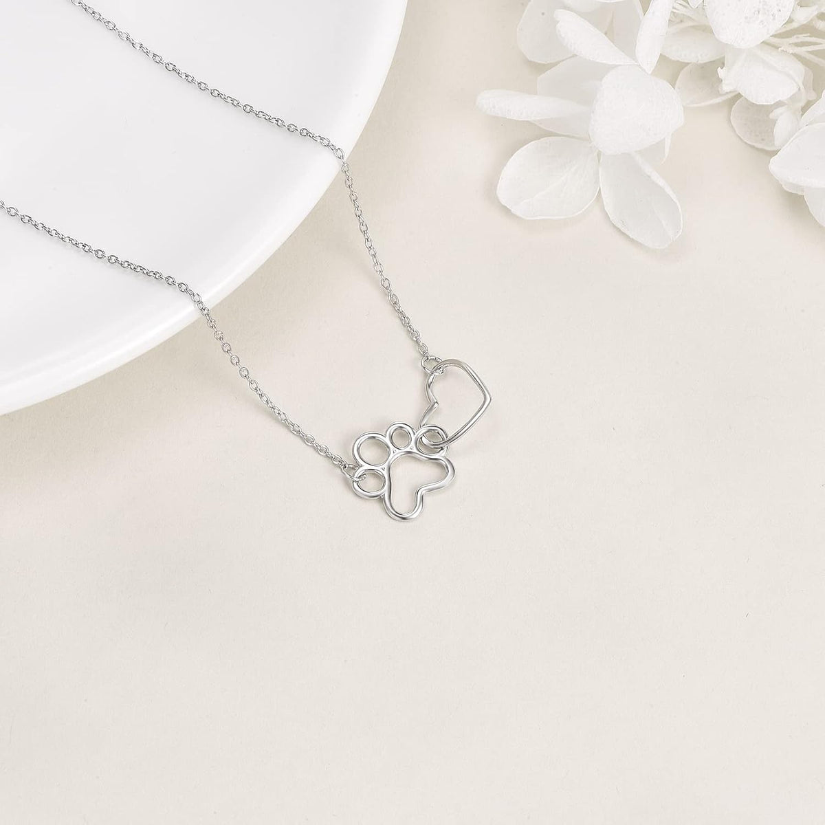 Sterling Silver Paw Print Necklace – Heart Crystal Pendant
