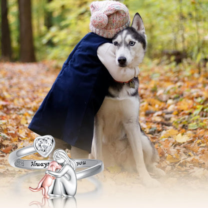 Adjustable Dog Ring in 925 Sterling Silver – “Always in My Heart” with Zirconia