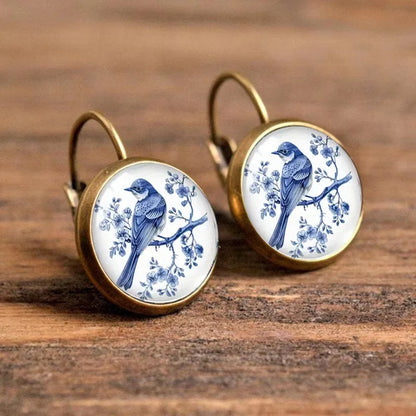 Vintage Blue Magpie Glass Dome Earrings
