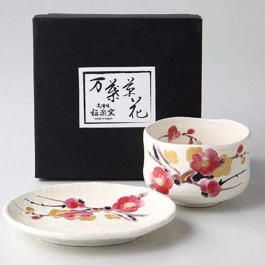 Manyosoka Plum Matcha Bowl and Plate Set