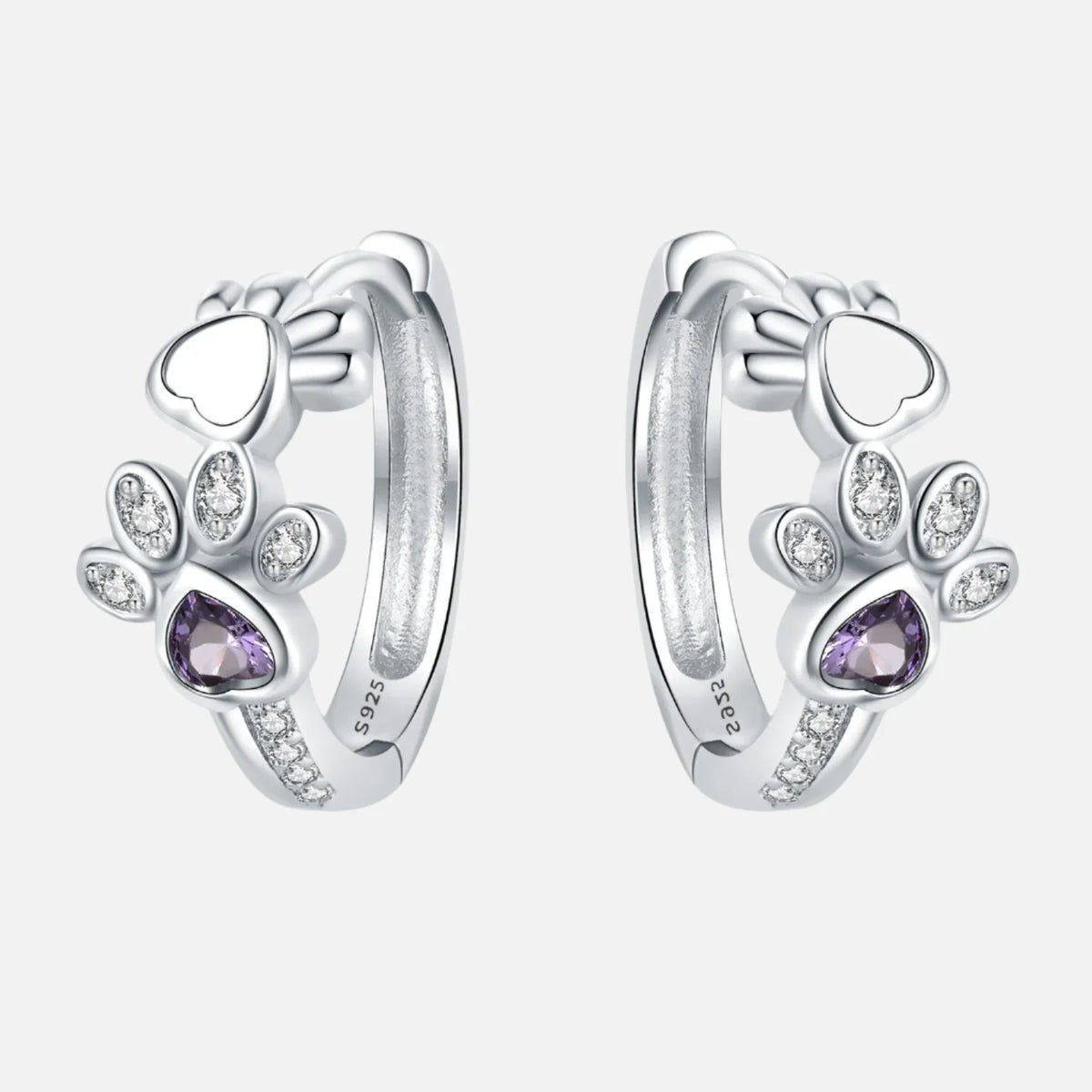 Paw Huggie Earrings in 925 Sterling Silver – With Zirconia and Heart Gem
