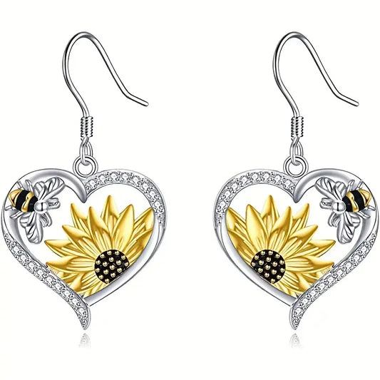 Vintage Boho Sunflower & Bee Heart Dangle Earrings
