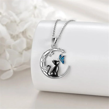 Moon Cat Butterfly Crystal Pendant Necklace