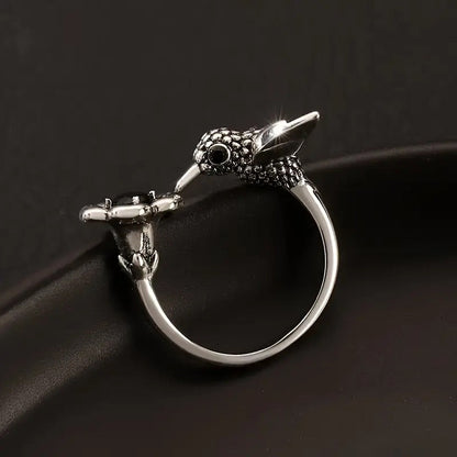 Hummingbird & Flower Ring – Adjustable Open Bird Ring for Women